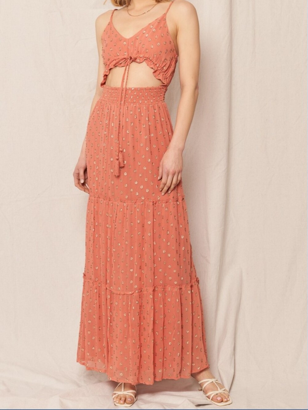 226 | Metallic Polka Dot Cut-out Detail Maxi Dress